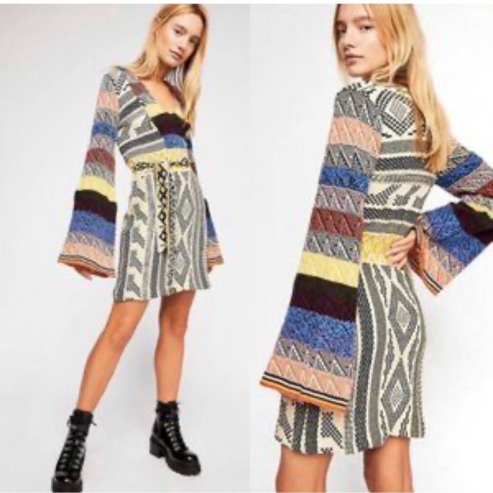 Free People Orange and Blue V-Neck Long Sleeve Dress